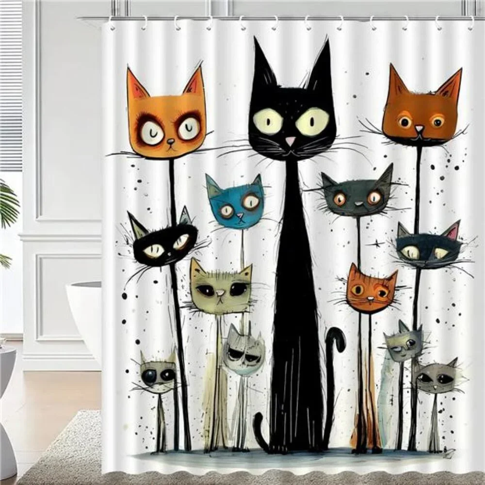 Funny Cat Shower Curtain Set, Cute Shower Curtain for Kids,Washable Durable